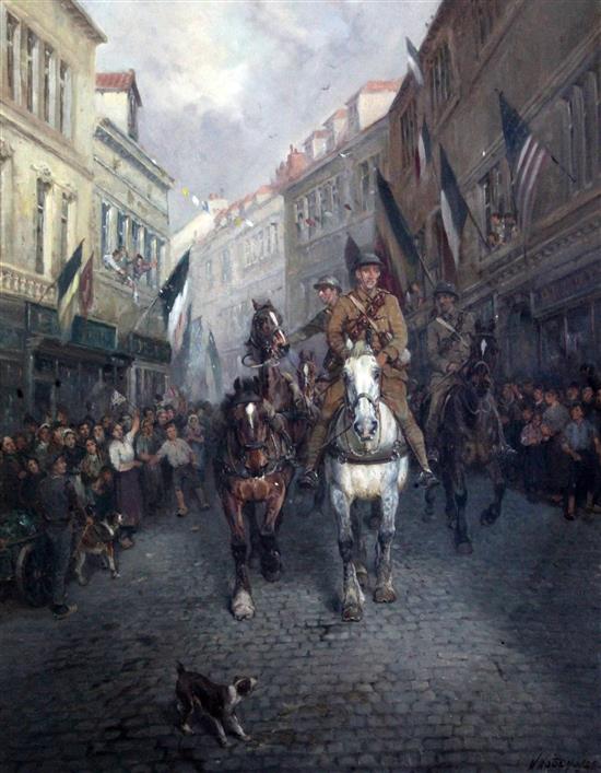 William Woodhouse (1857-1939) Victory Parade, British soldiers entering Ypres 24 x 20in.